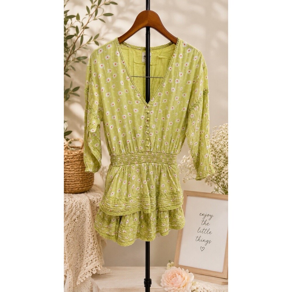 Aerie Green Daisy Floral  Size M Cotton Mini Dress V-Neck Button Ruffle Lace